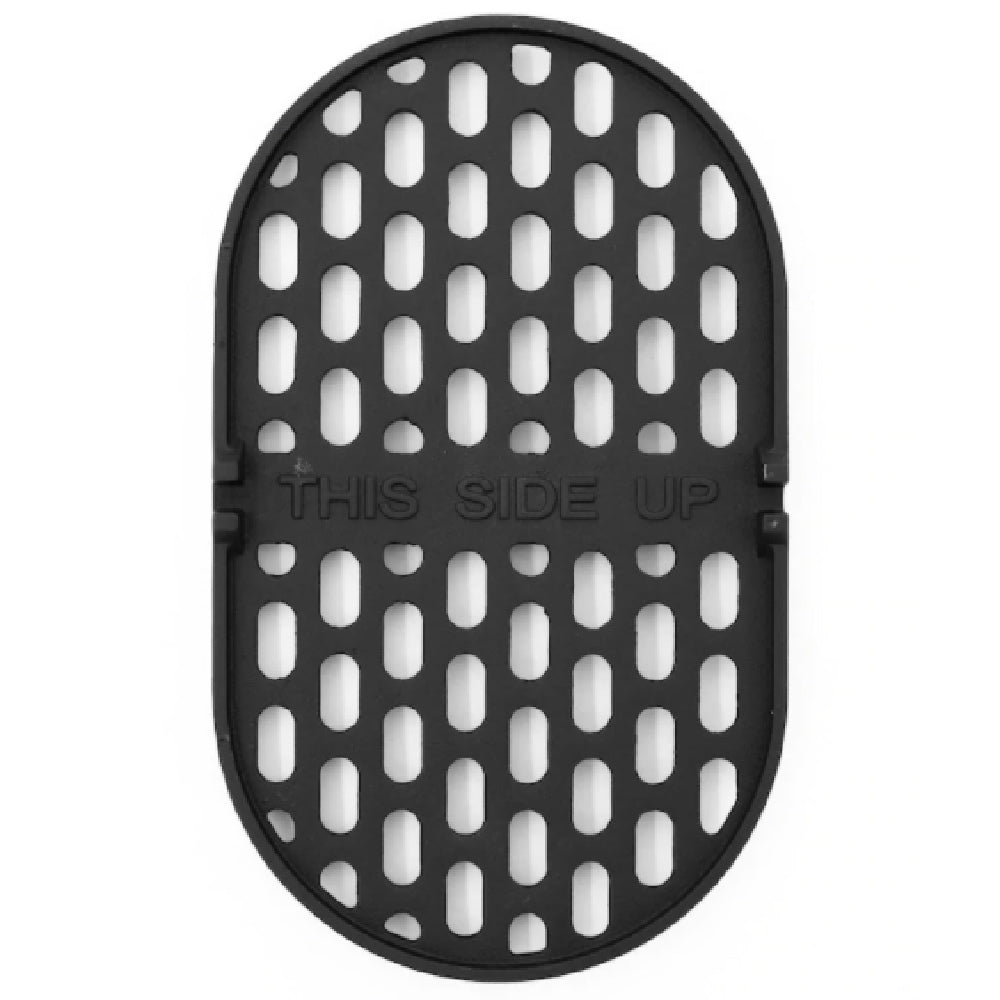 Cast iron charcoal grate insert with oval design and vent holes; this side up