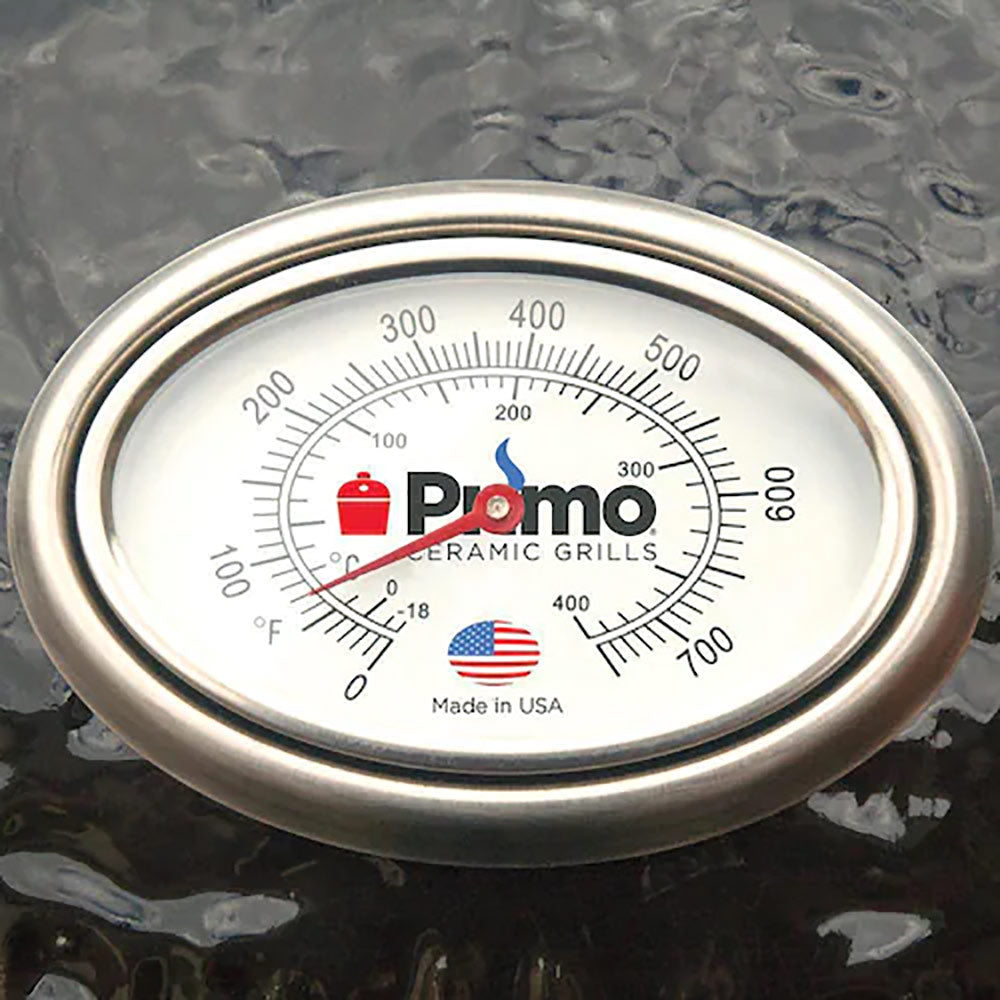 Round Primo ceramic grill thermometer with stainless bezel and temperature scale