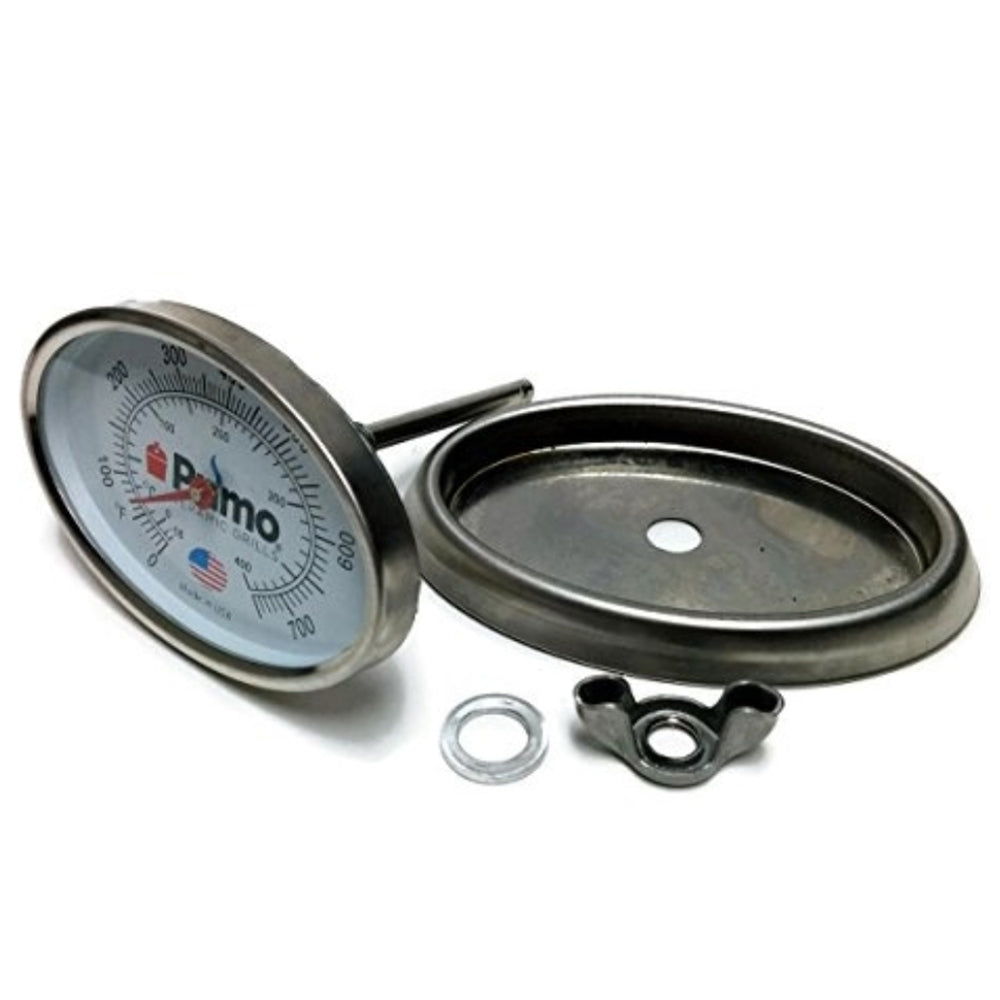 Oval thermometer gauge with metal bezel and mounting hardware
