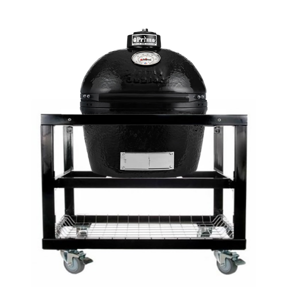 Junior oval ceramic kamado grill on cart with front opening and lower cooking grate