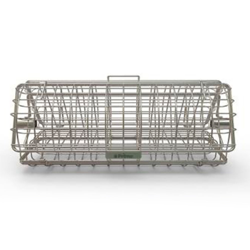 Rotisserie basket with wire mesh frame and 3-sided open design