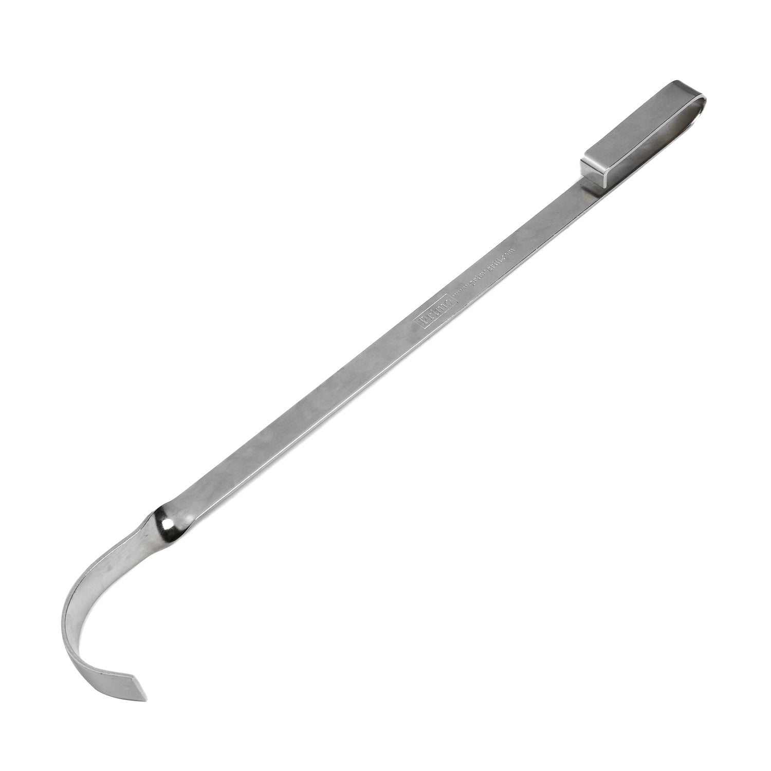 Metal ash rake tool with curved hooked end and long handle