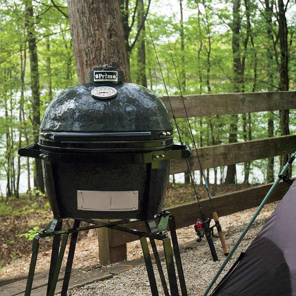 Outdoor portable grill cradle stand with black metal legs and dome