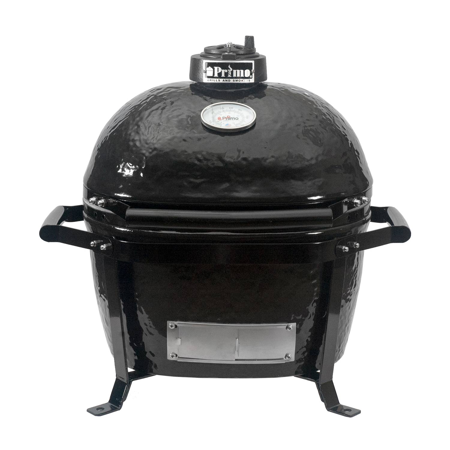 Charcoal ceramic kamado grill with lid and front firebox door