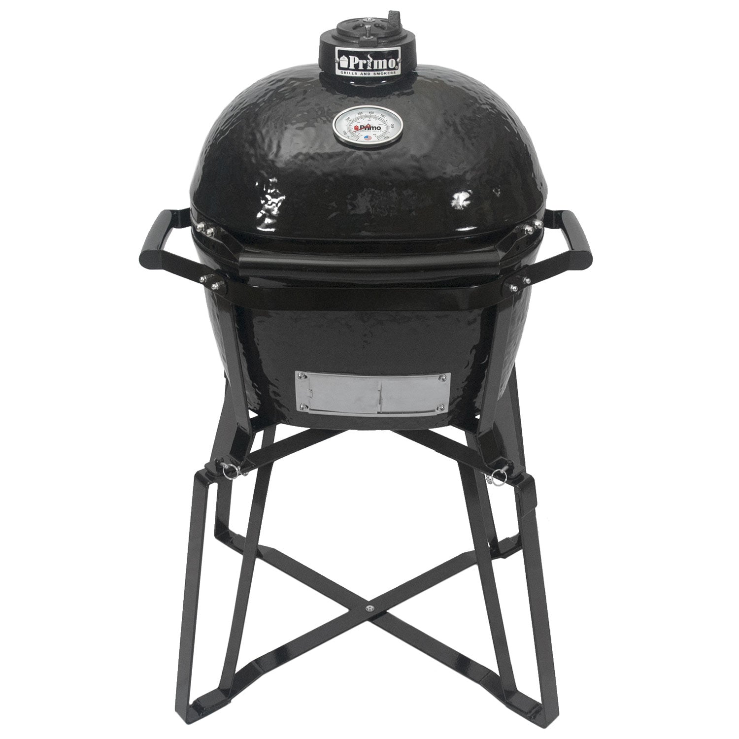 Junior oval ceramic kamado grill in charcoal with lid, handles, and metal stand.