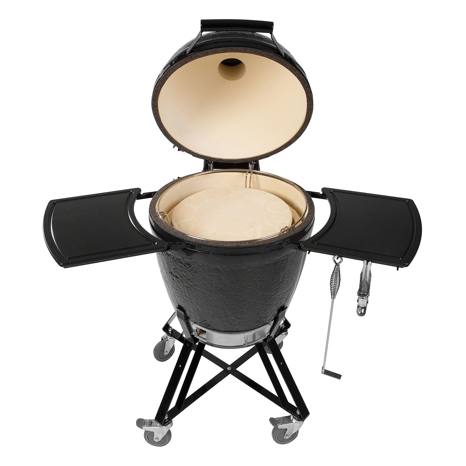 Black kamado grill with lid open, beige cooking chamber, side shelves, on wheels