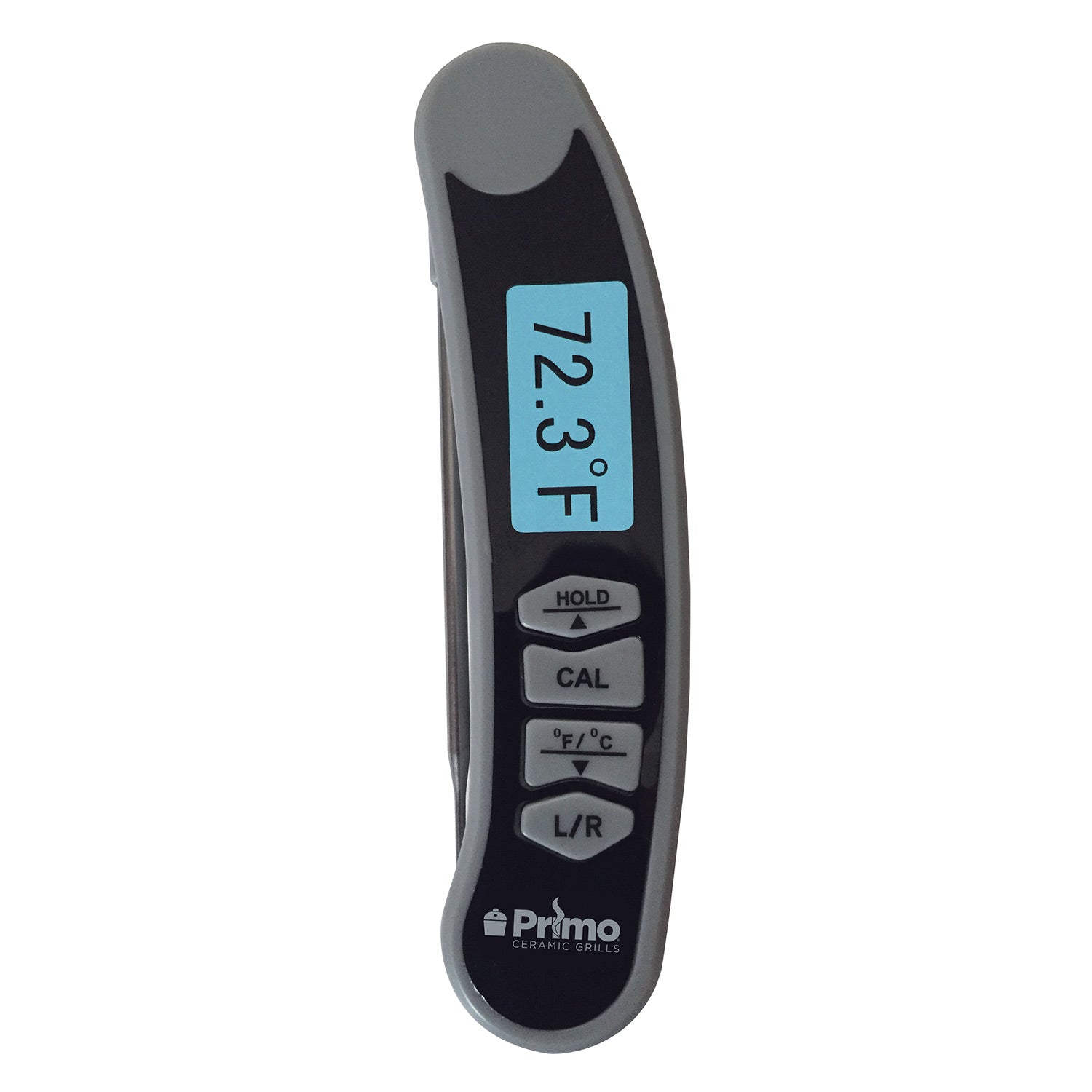 Instant read thermometer with digital screen showing 12.3°F and control buttons