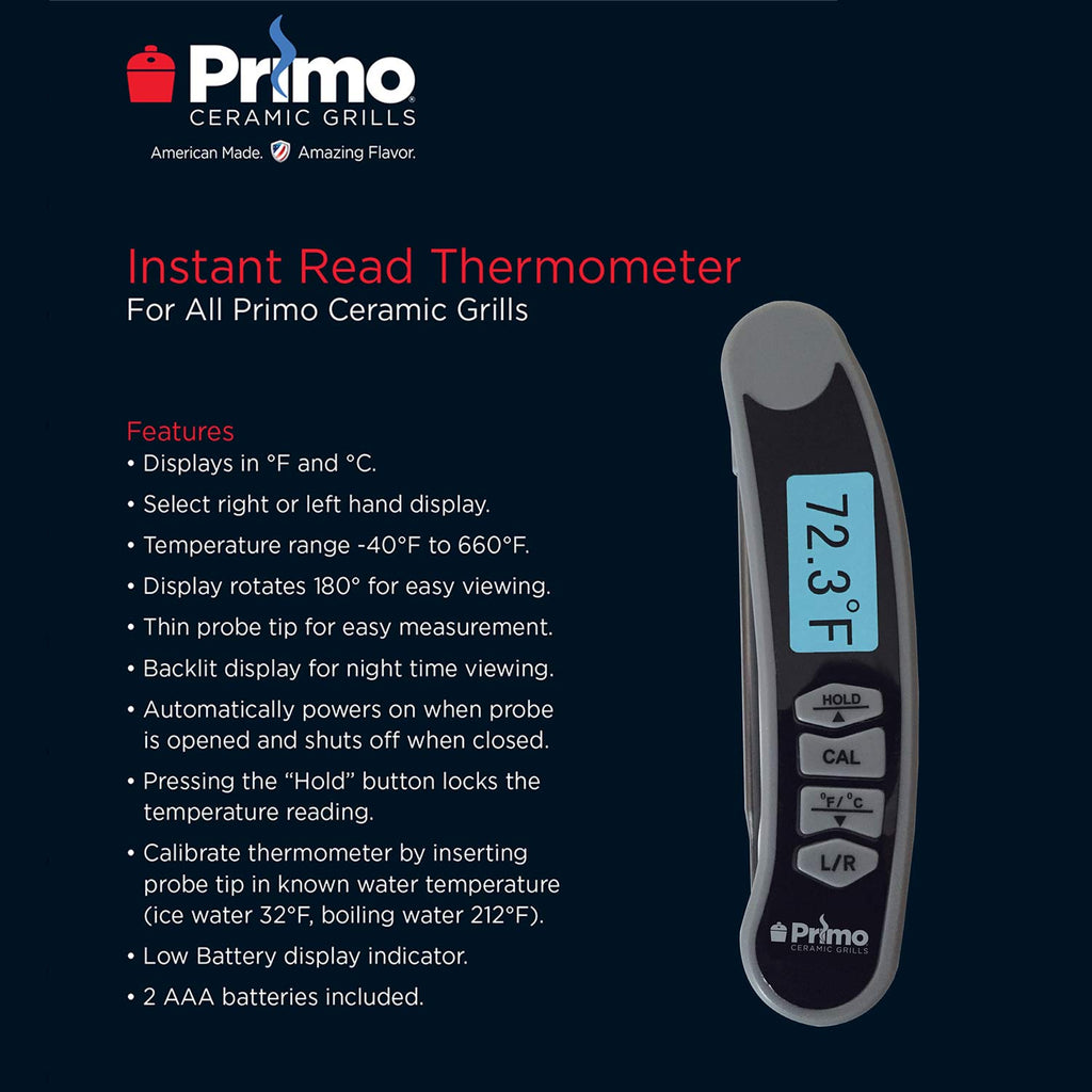 Instant read thermometer with display showing 12.3°F and HOLD, CAL, L/R buttons