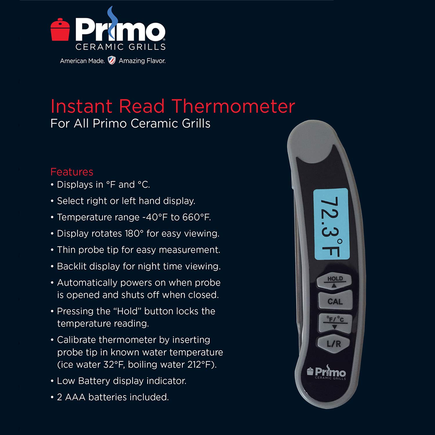 Instant read thermometer with display showing 12.3°F and HOLD, CAL, L/R buttons