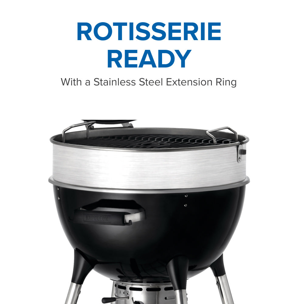 Charcoal kettle grill with side ring attachment on lid open, black bowl and silver rim