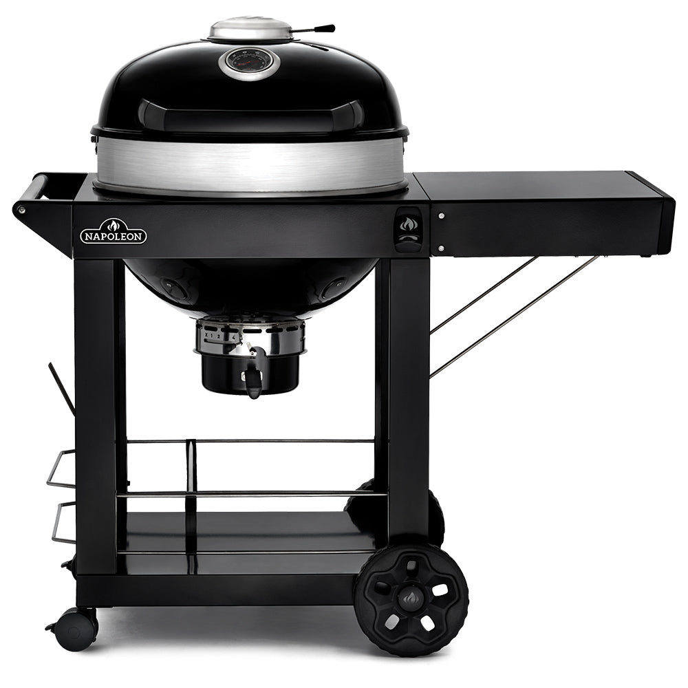 Charcoal kettle grill with cart, black dome lid and stainless firebox, front view