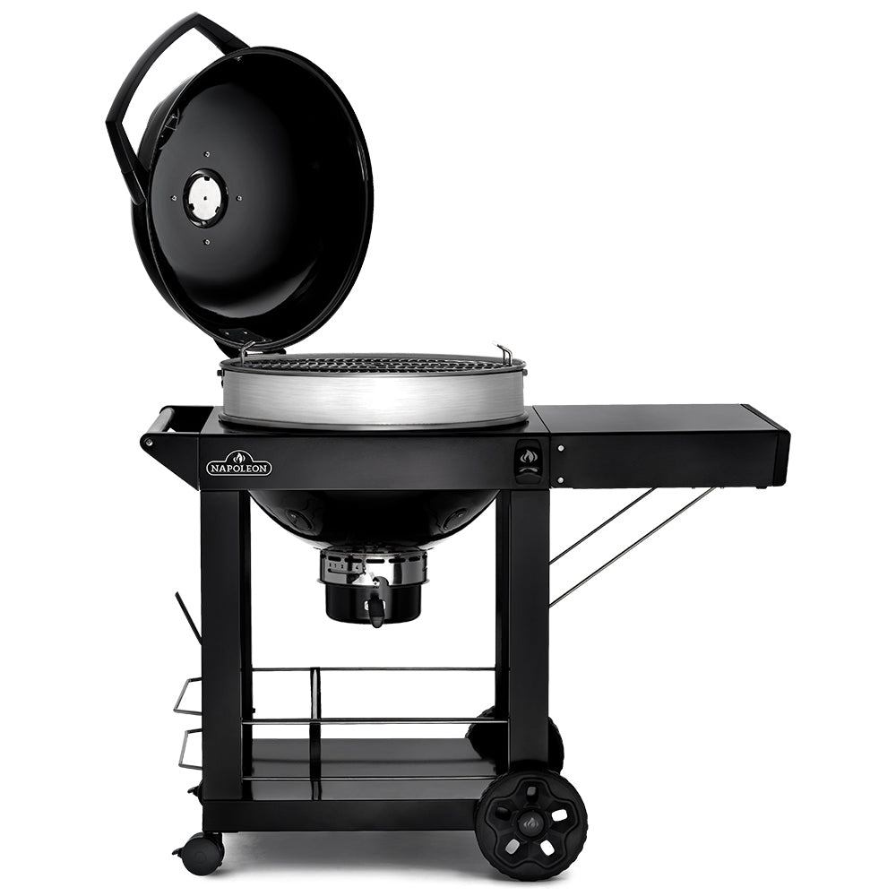 Charcoal kettle grill with open lid, black kettle bowl and stainless base, front view