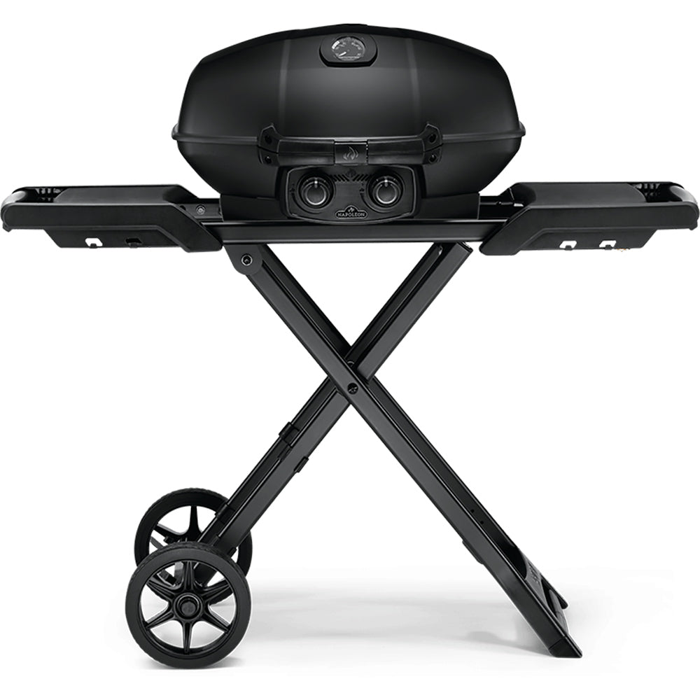 Portable propane grill with scissor cart, black lid and two-burner control panel