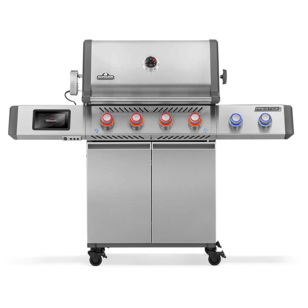 Stainless steel gas grill with four burner knobs and front control panel on cart