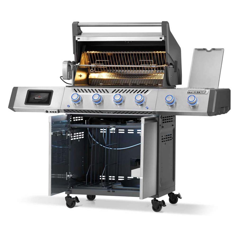 Open stainless steel gas grill with wire cooking grates and front burner controls