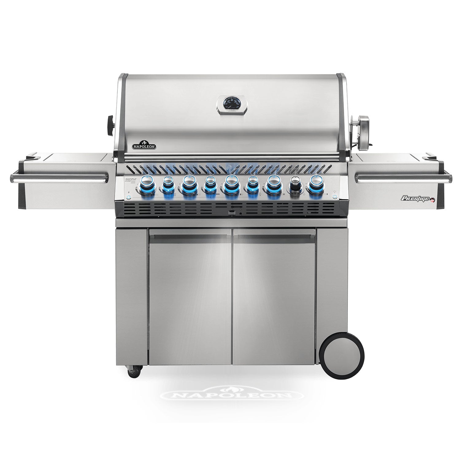 Stainless gas grill on cart with control knobs and side shelves