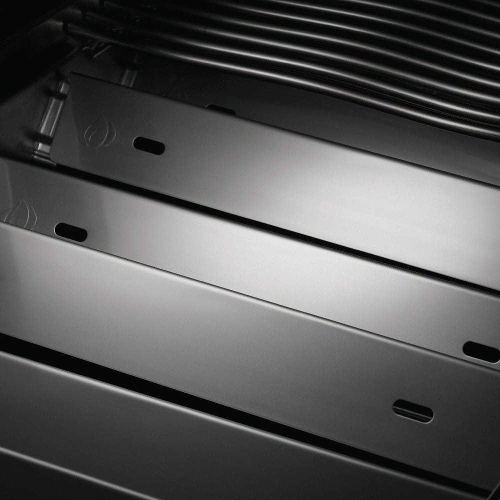 Gas grill burner hood panel with ventilation slots and mounting holes