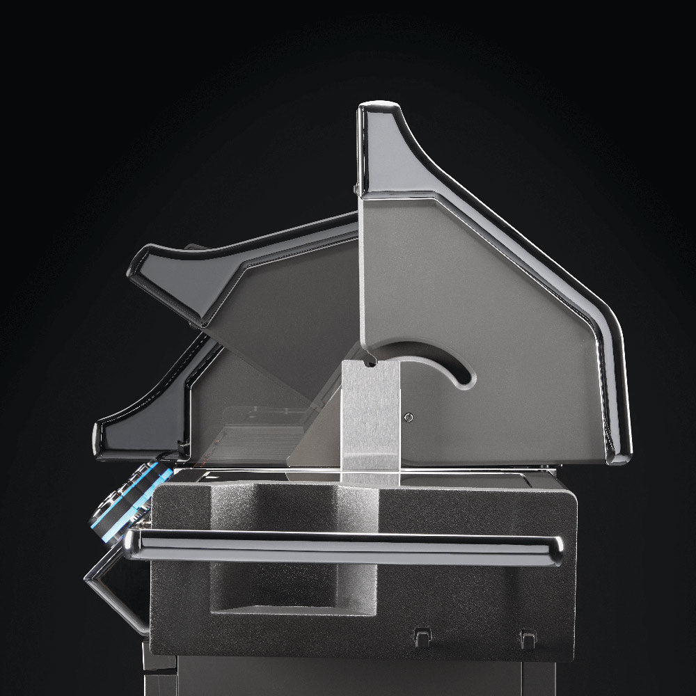 Rotisserie spit and cooking forks mounted inside gas grill