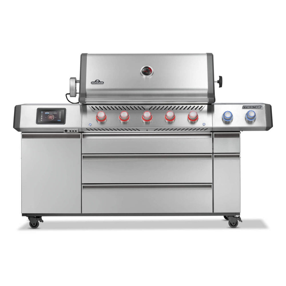 Napoleon stainless steel gas grill with burner knobs and control panel across the front