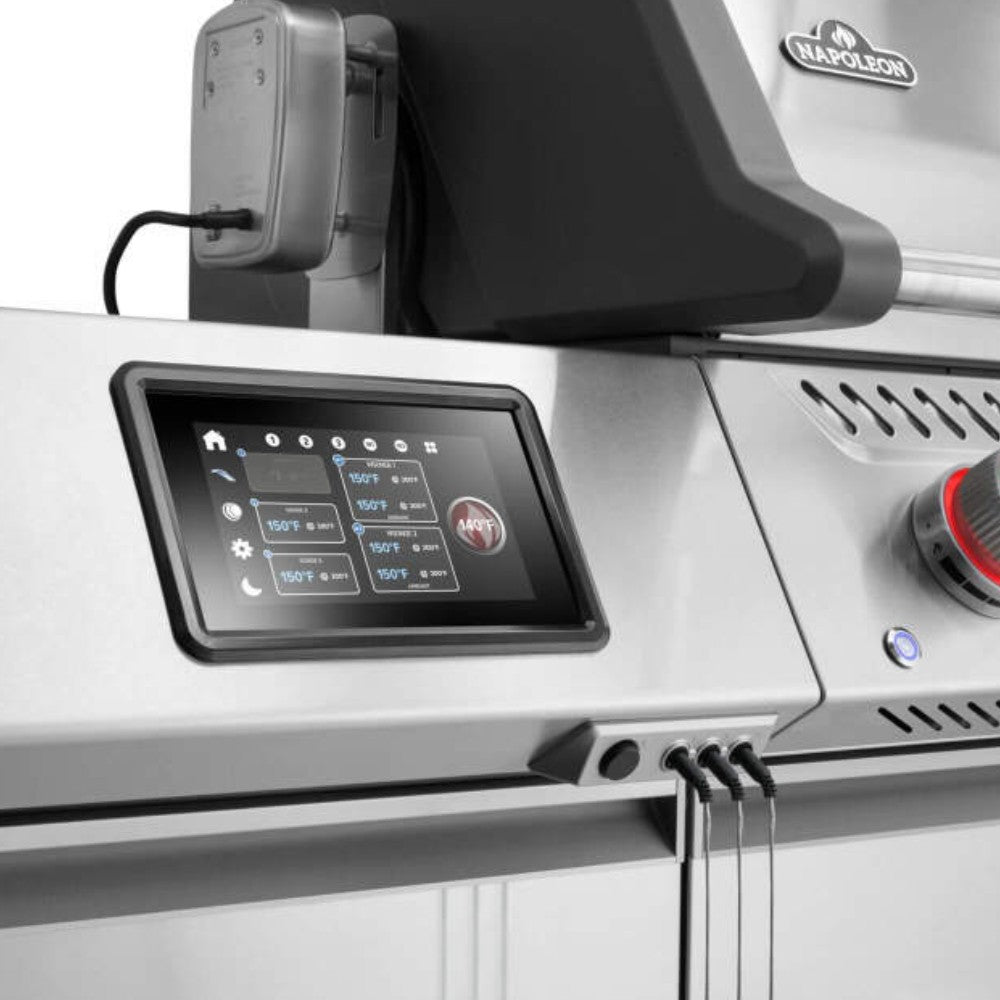Napoleon gas grill control panel with digital touchscreen and rotary burner knobs