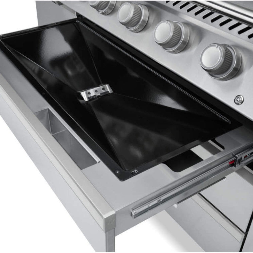 Gas grill with open bottom tray area and control knobs on the main cooking deck