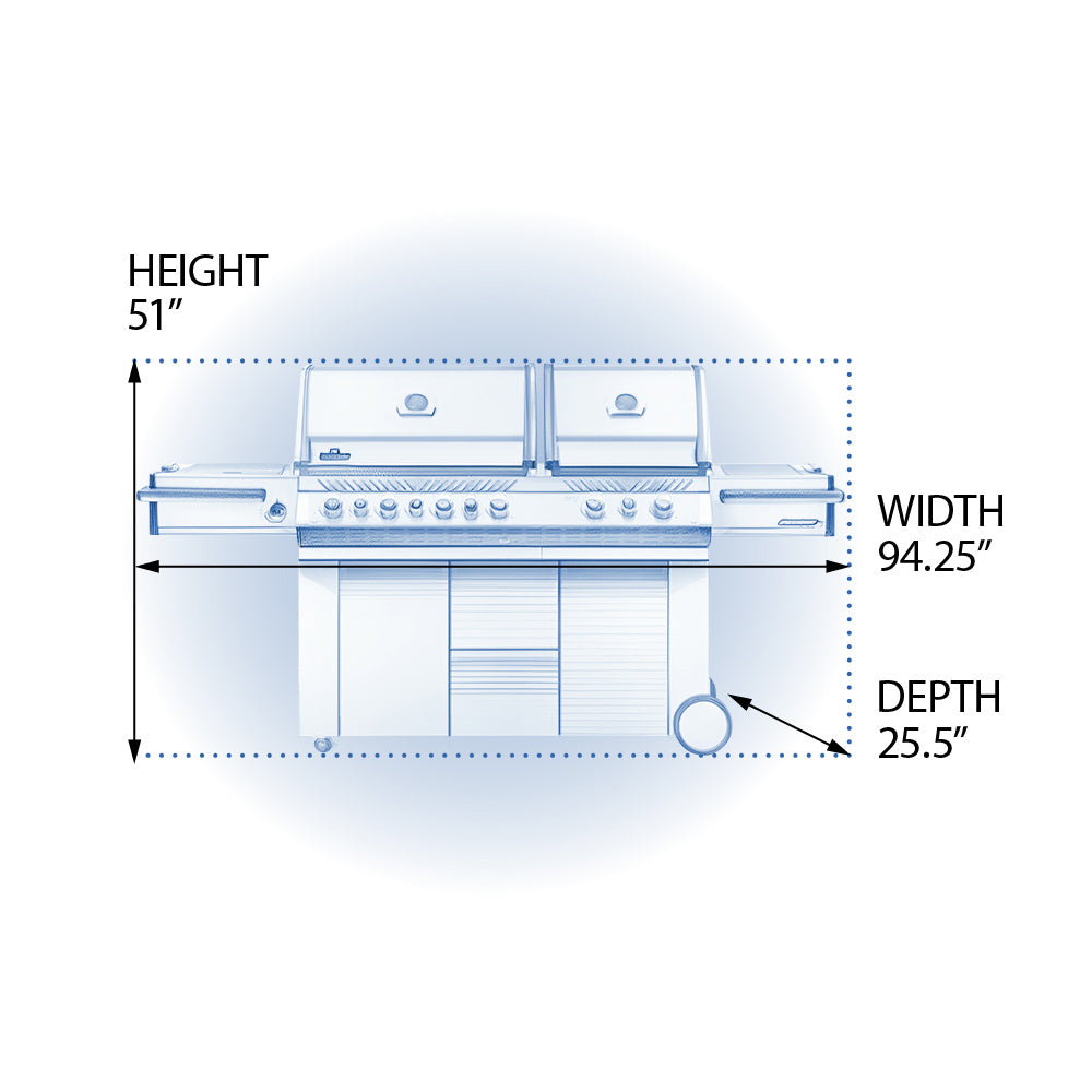 Gas grill dimensions diagram with height, width, and depth labels