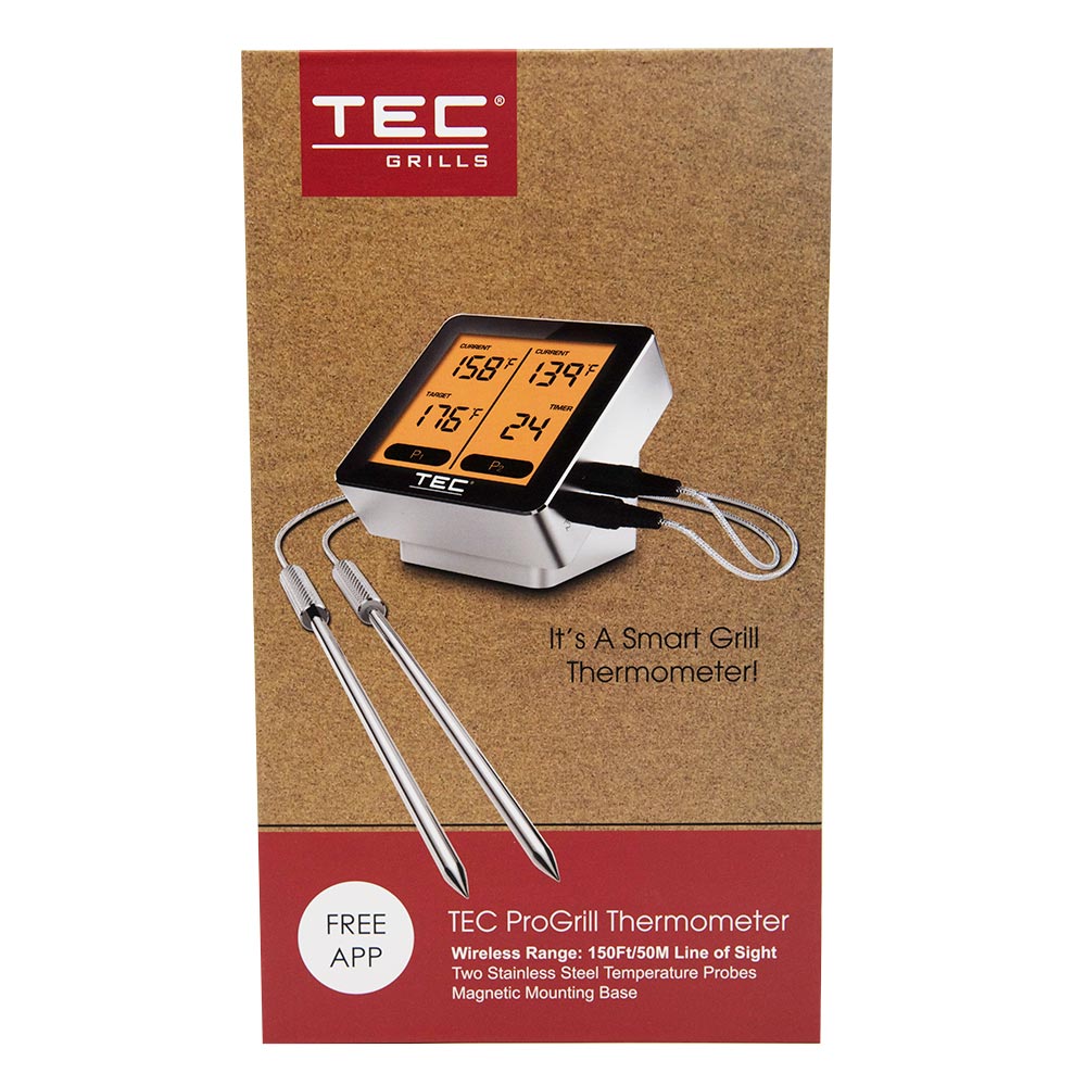 TEC ProGrill thermometer product box with wireless meat thermometer, probes, and display screen