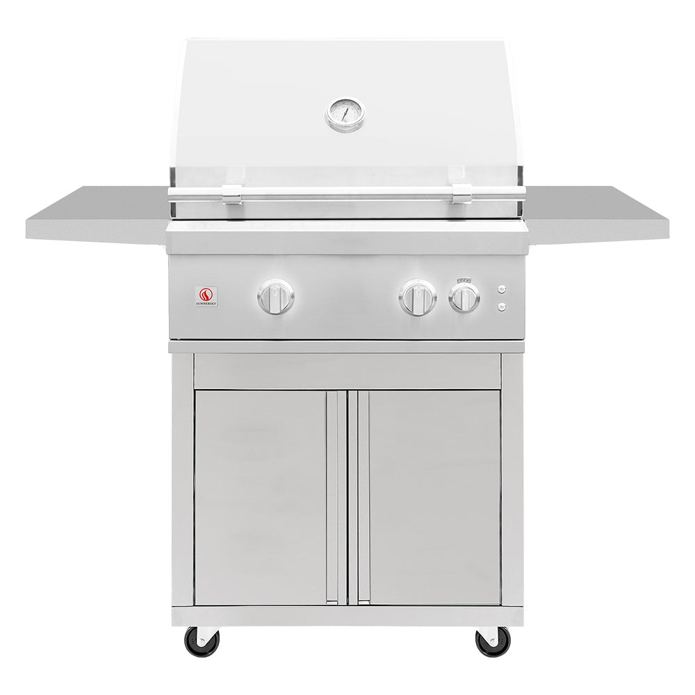 Stainless steel freestanding gas grill with side shelves, control knobs, and cabinet doors.