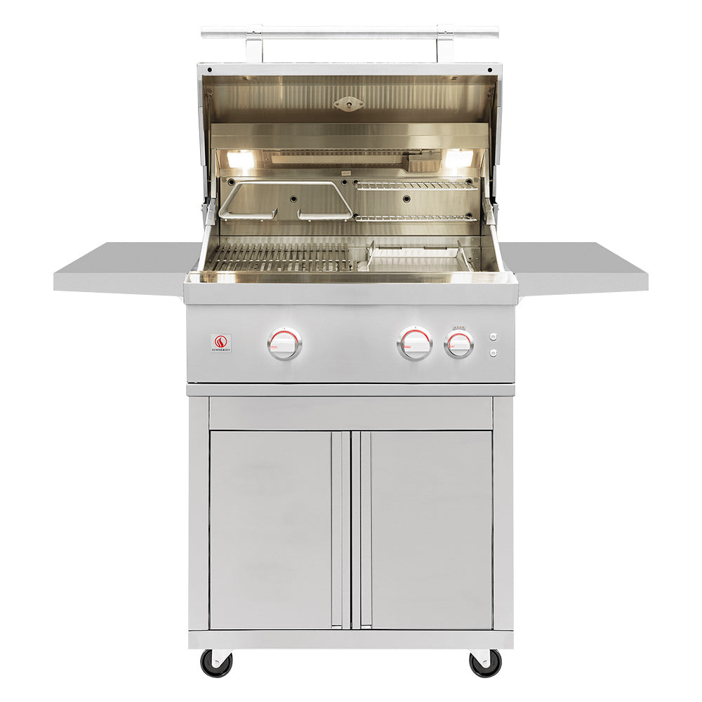 Stainless steel gas grill with open hood, burner grates, and warming rack inside.