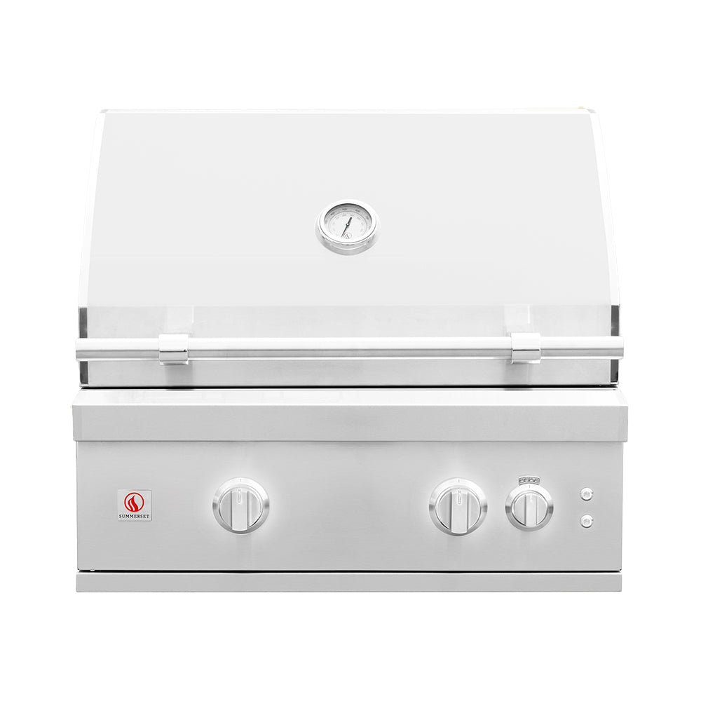 Stainless built-in gas grill with lid, side shelf, and control knobs