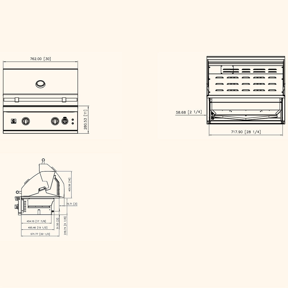Gas grill dimensions diagram with top, side, and front measurement views