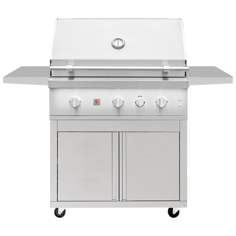 Freestanding stainless steel gas grill with control knobs and cabinet doors, on caster wheels