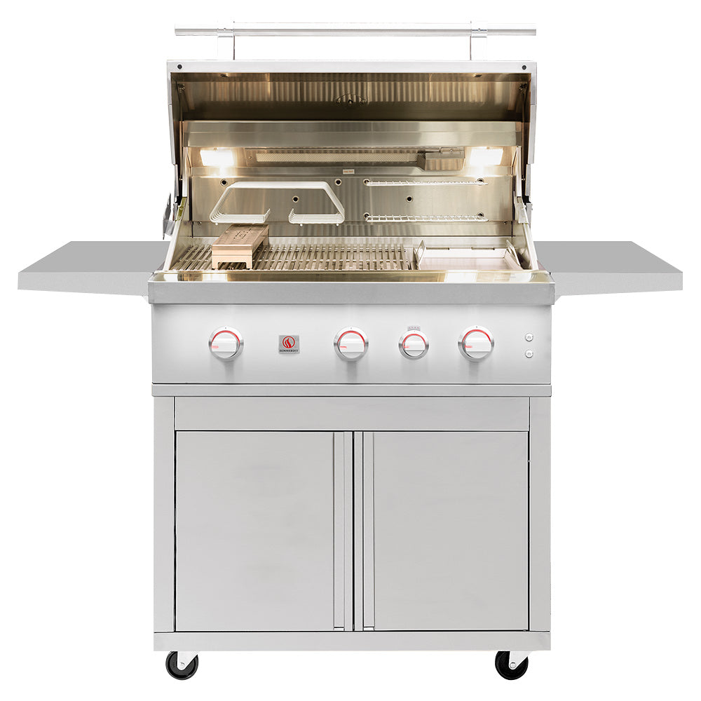 Freestanding stainless steel gas grill with open lid showing cooking grates and control panel