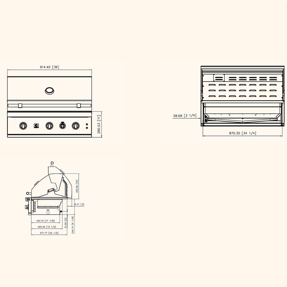 Gas grill dimensions diagram with front, side, and top measurement views.