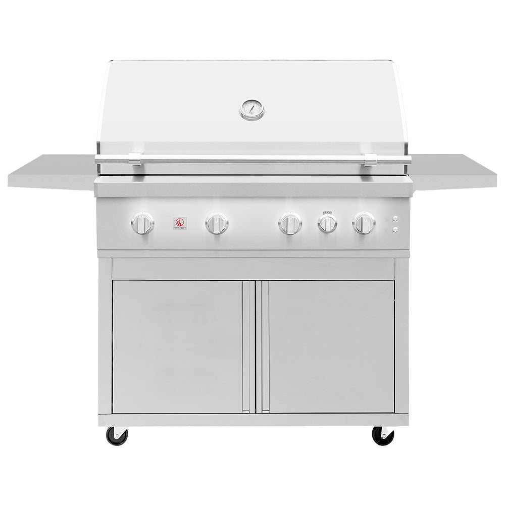 Stainless steel freestanding gas grill with control knobs and cabinet doors