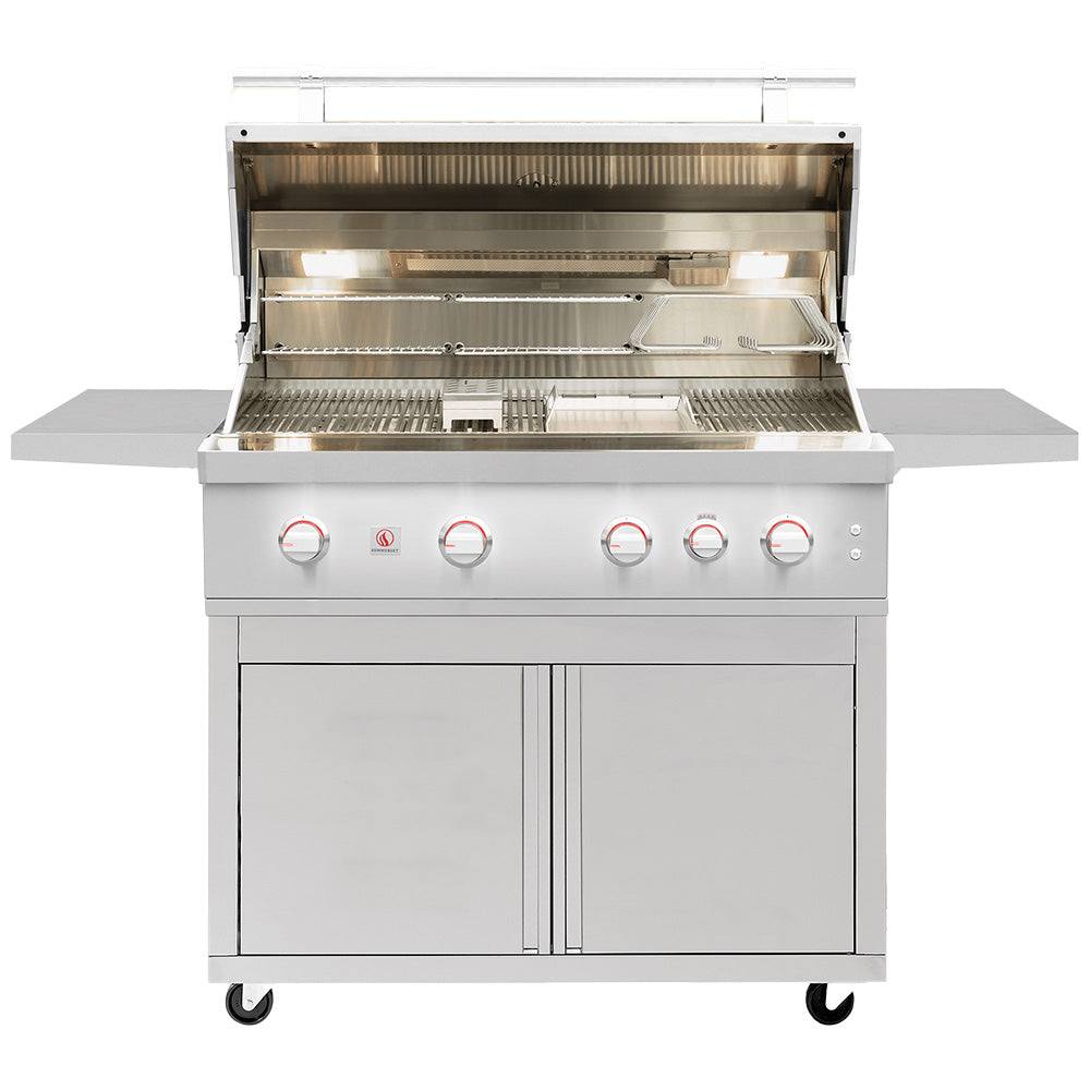 Stainless steel gas grill with lid open, cooking grates, and burner area