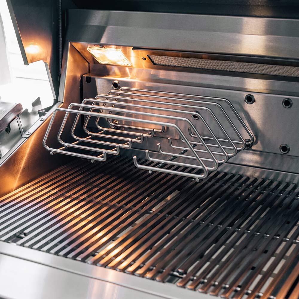 Open gas grill with warming rack and cast-iron style cooking grates