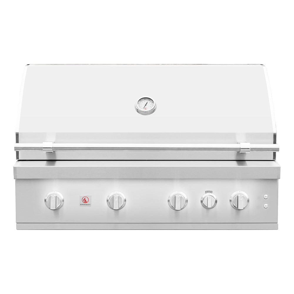 Built-in gas grill with control panel and side shelf, white exterior finish