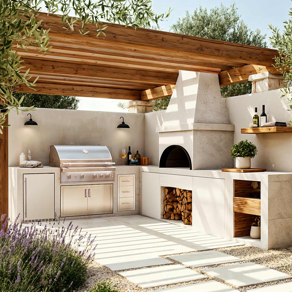 Outdoor built-in gas grill in an alcove with stainless front and side storage