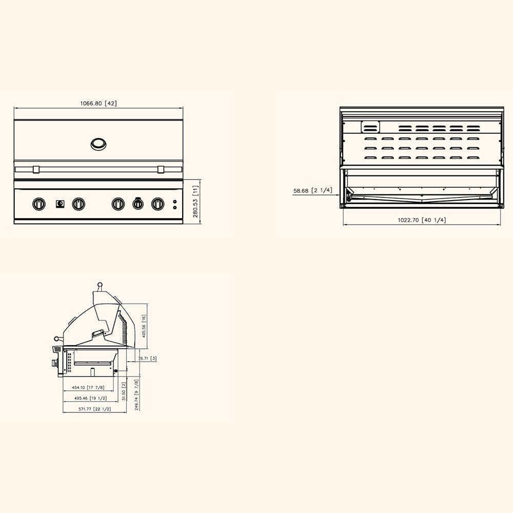 Gas grill line drawing with front, side, and top views plus measurements