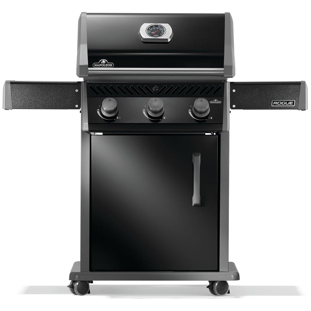 Black gas grill on cart with three front burner knobs and side shelf panels