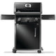Black gas grill on cart with three front burner knobs and side shelf panels