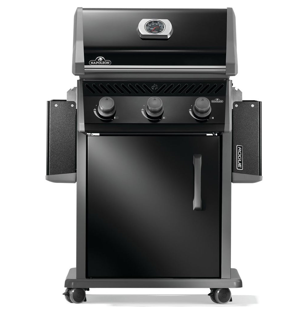 Black gas grill on cart with three burner knobs, open cookbox, and side shelves