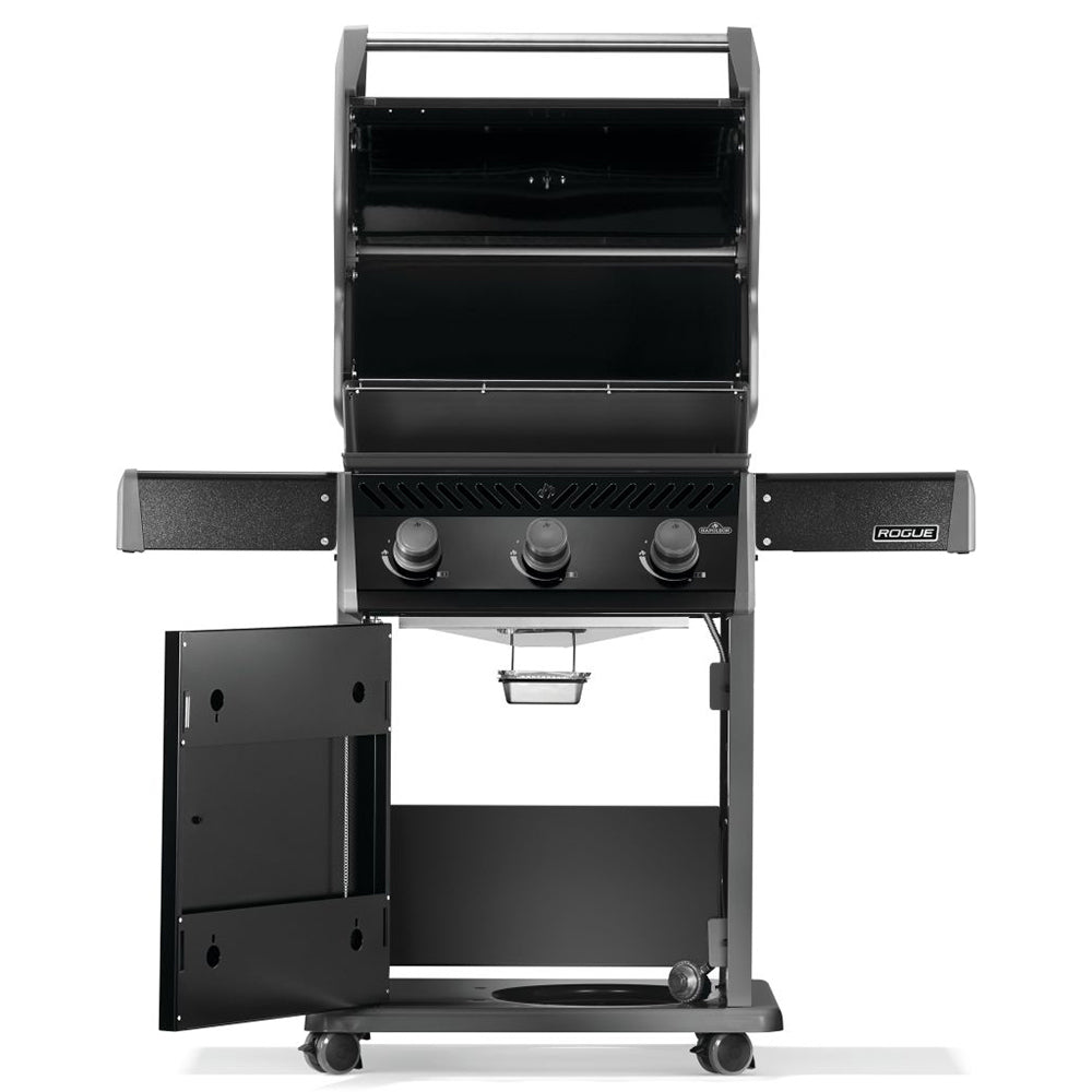 Gas grill on cart with open cabinet door and three burner knobs on front