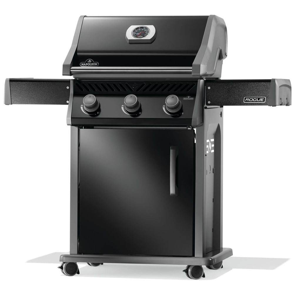 Gas grill on cart with three front knobs, closed lid, and right-side shelf