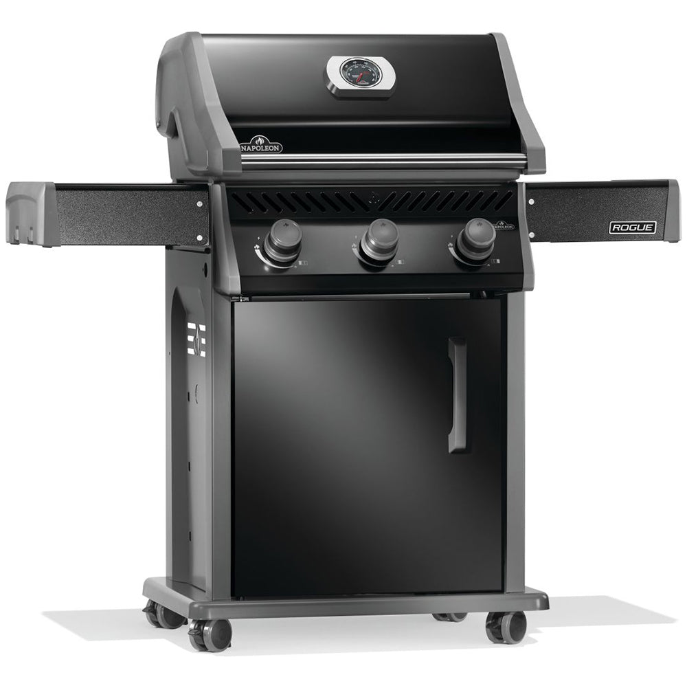 Black gas grill on cart with three burner knobs, closed lid, and side shelves