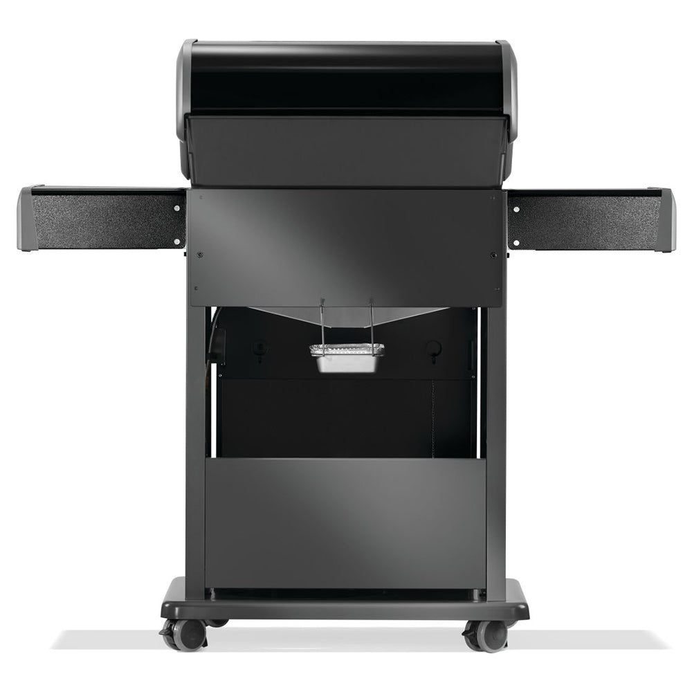 Black gas grill on cart with open lid, front control knobs, and hanging drip tray