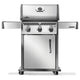 Napoleon Rogue 425 gas grill on cart, stainless steel body with control knobs