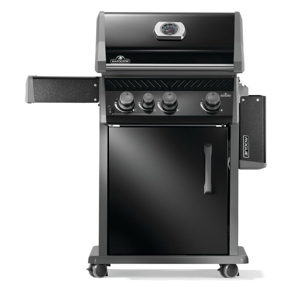 Black gas grill with open lid and front cabinet door, four burners and control knobs