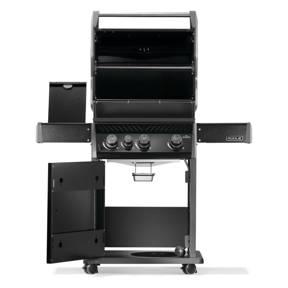 Black gas grill with lid open, heat shields visible, side shelves and wheels